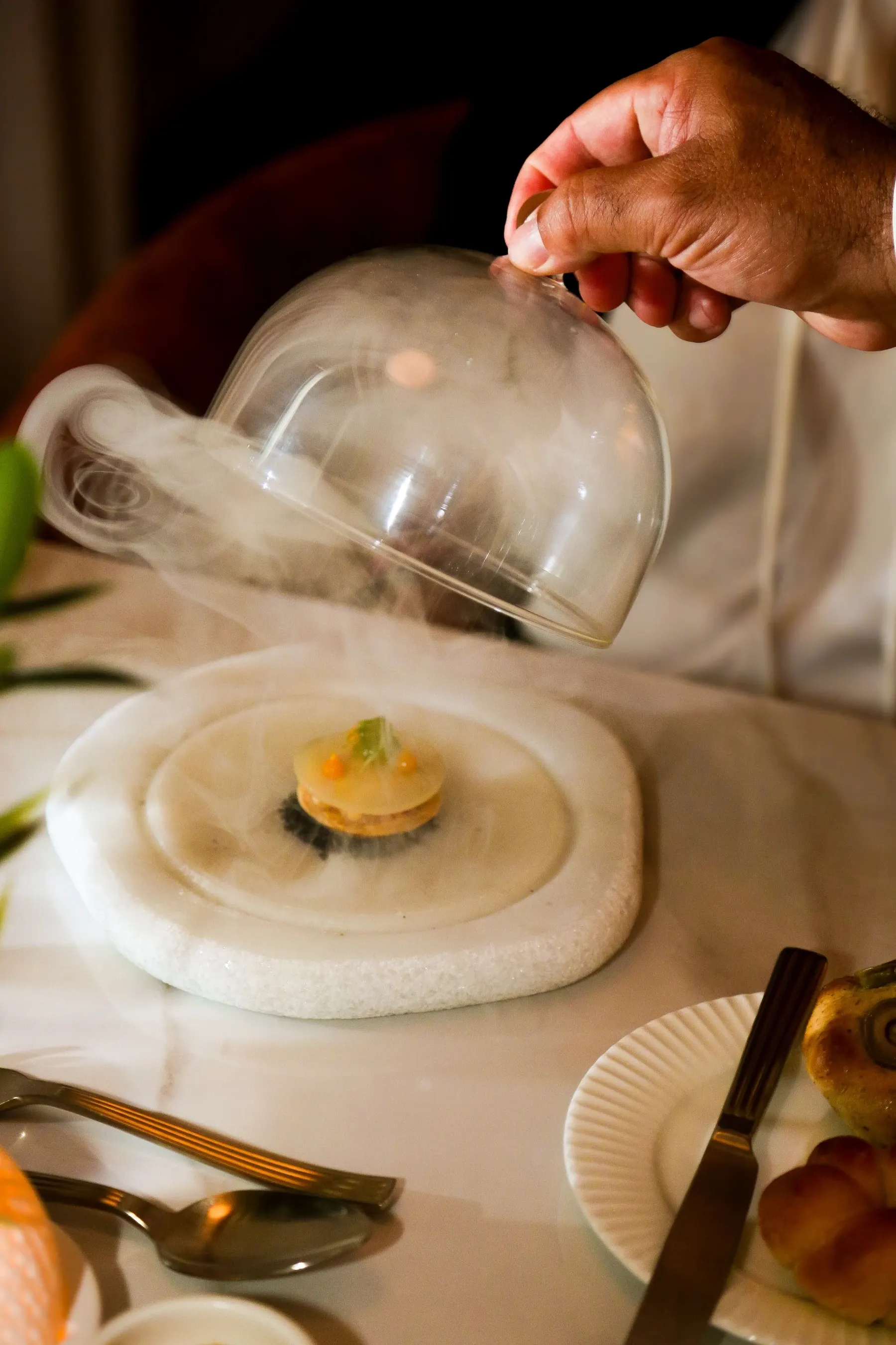 a hand holding a glass lid over a plate with steam coming out of it