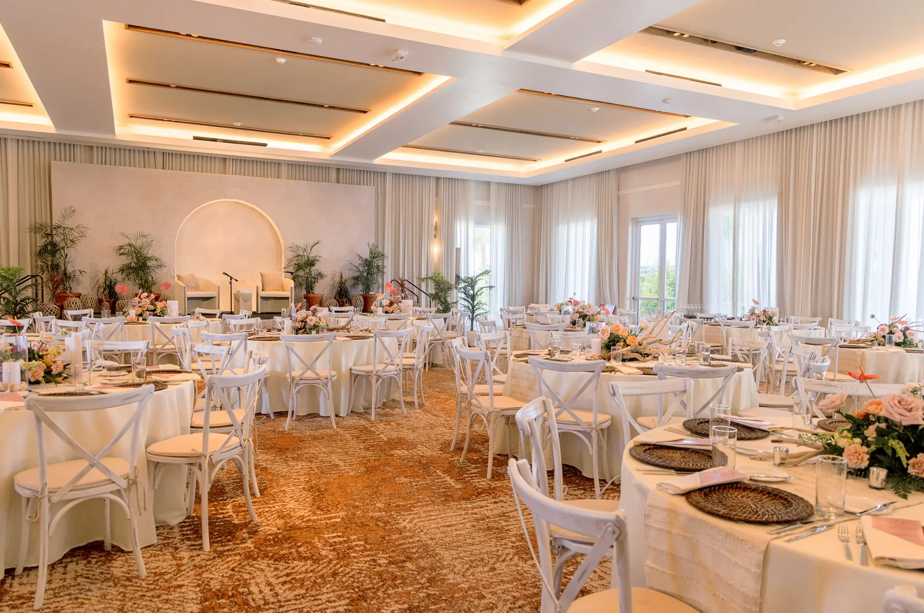 a room with tables and chairs