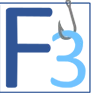 a fish hook with a letter f and a blue letter