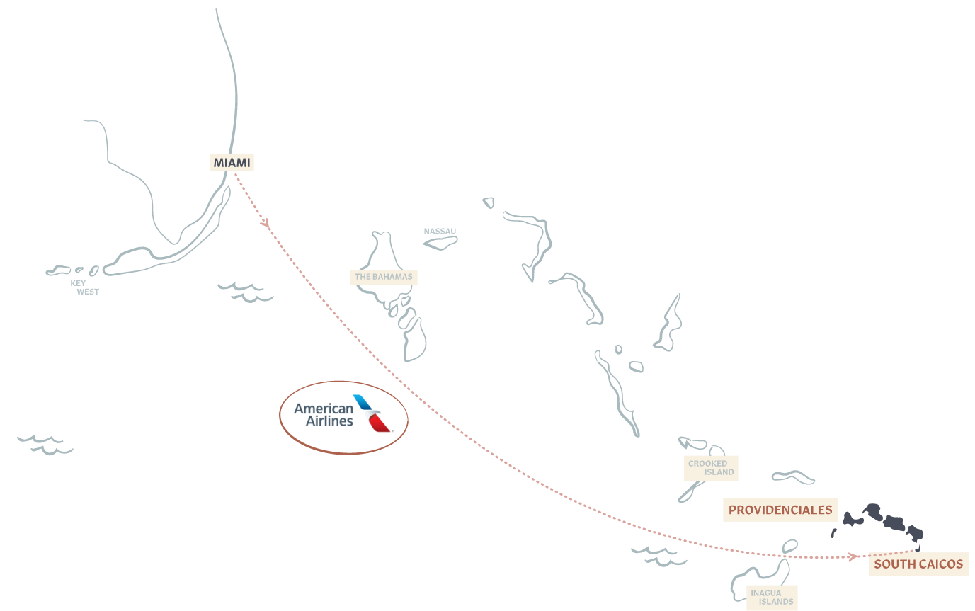 Map of the direct flight route from Miami to South Caicos