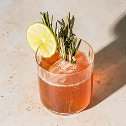 a glass with a drink and a slice of lime on top