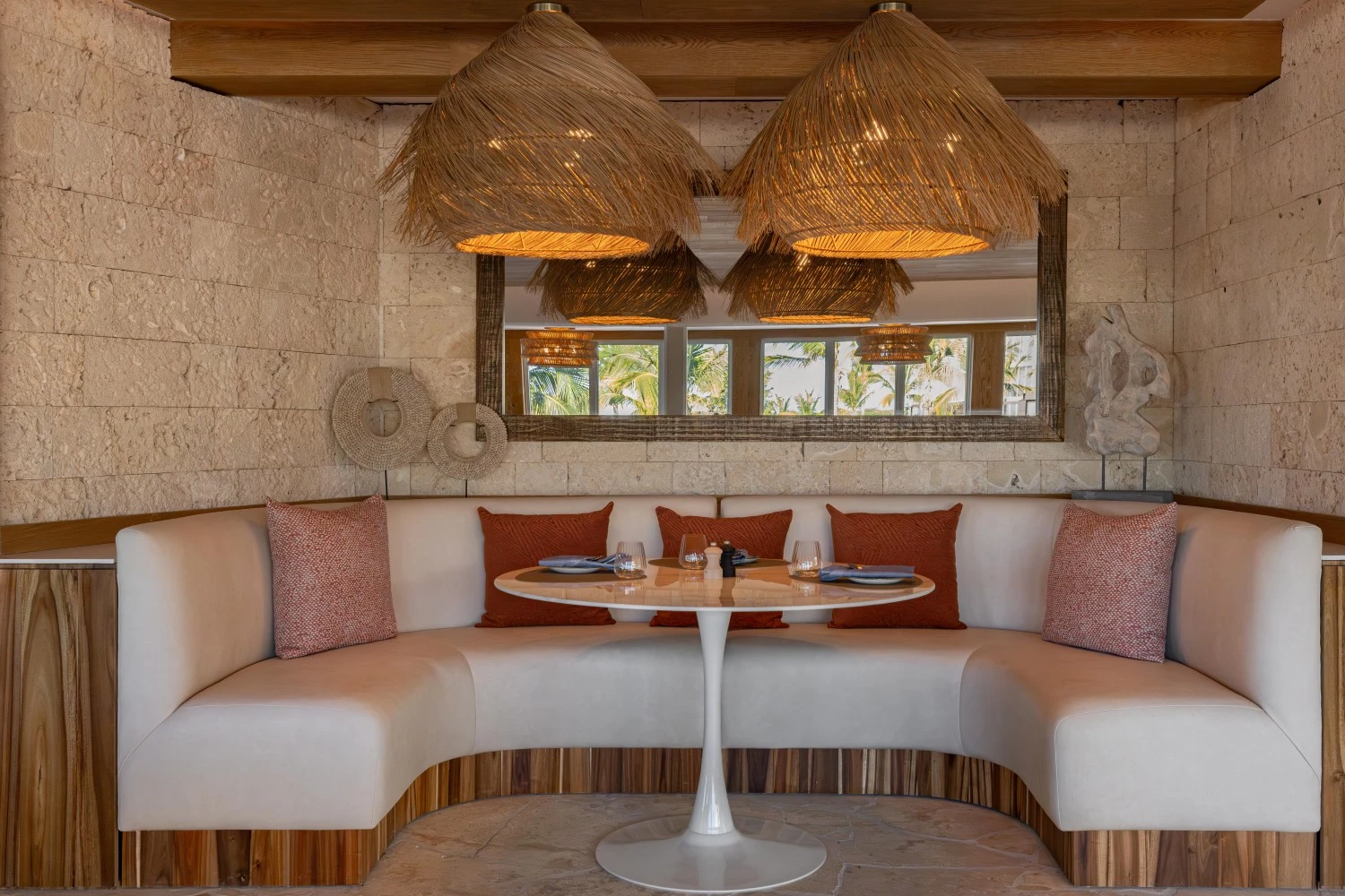 a round table with a round table and two lights