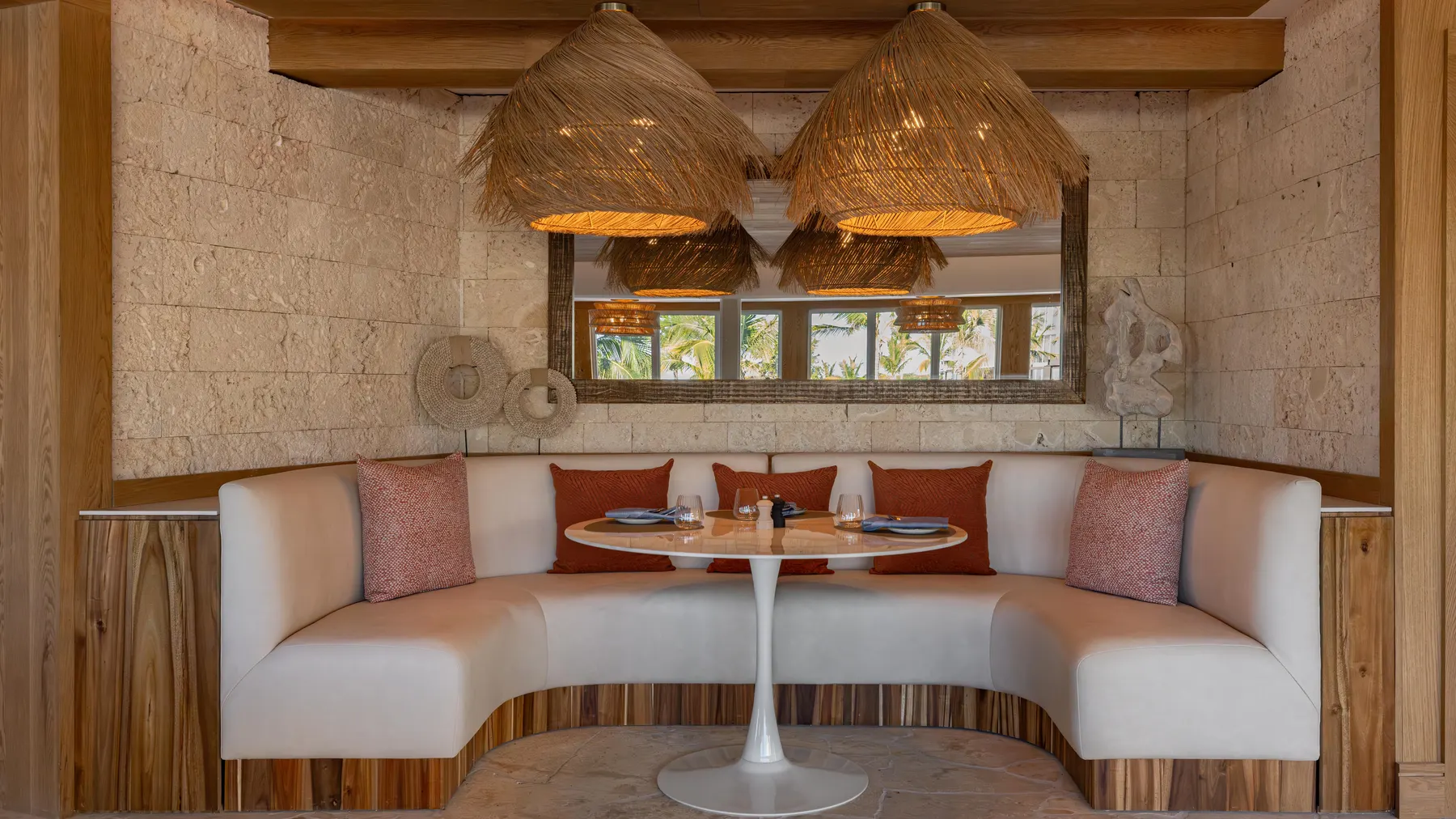 a round table with a round table and two lights