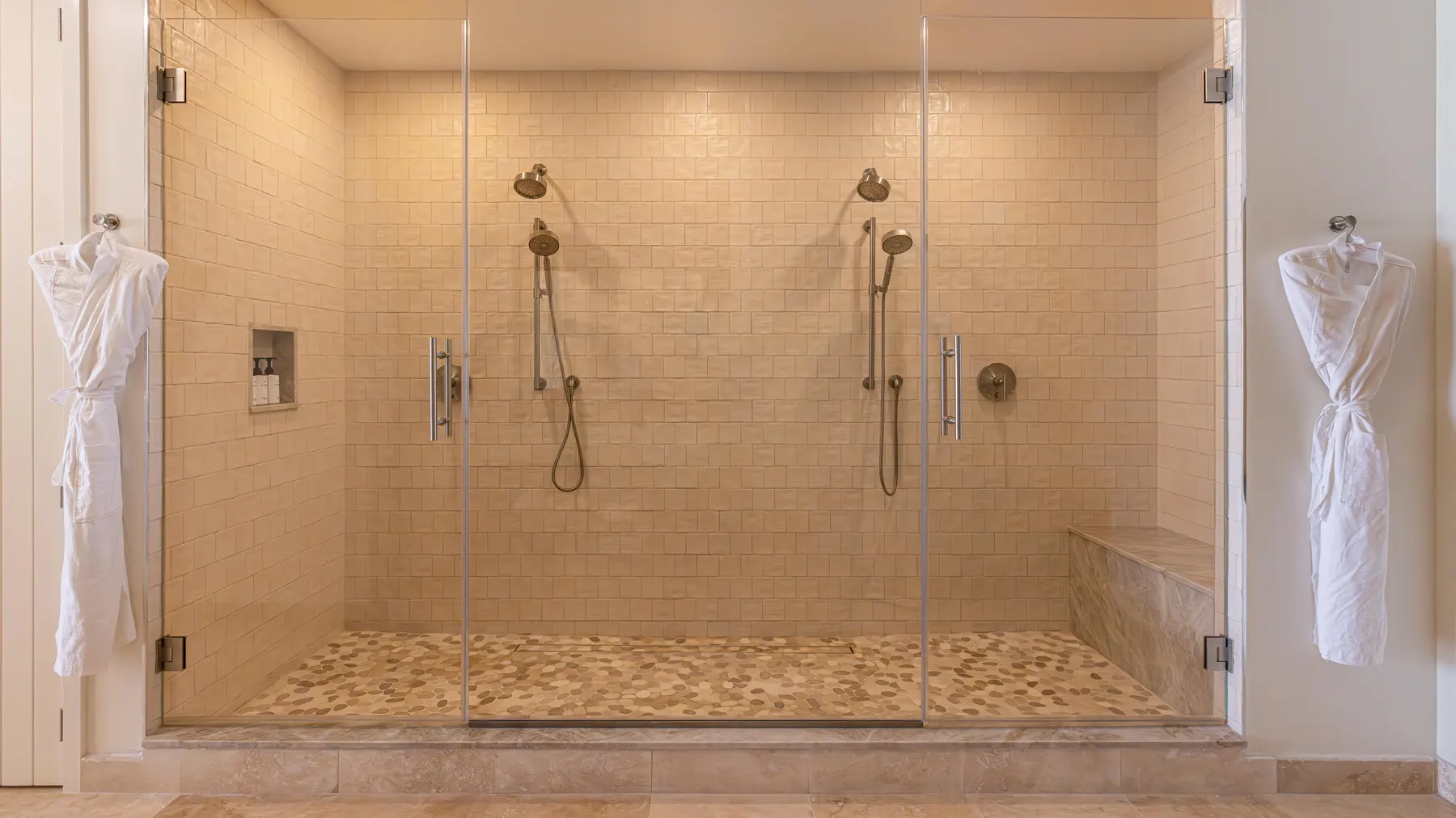 a shower with glass doors