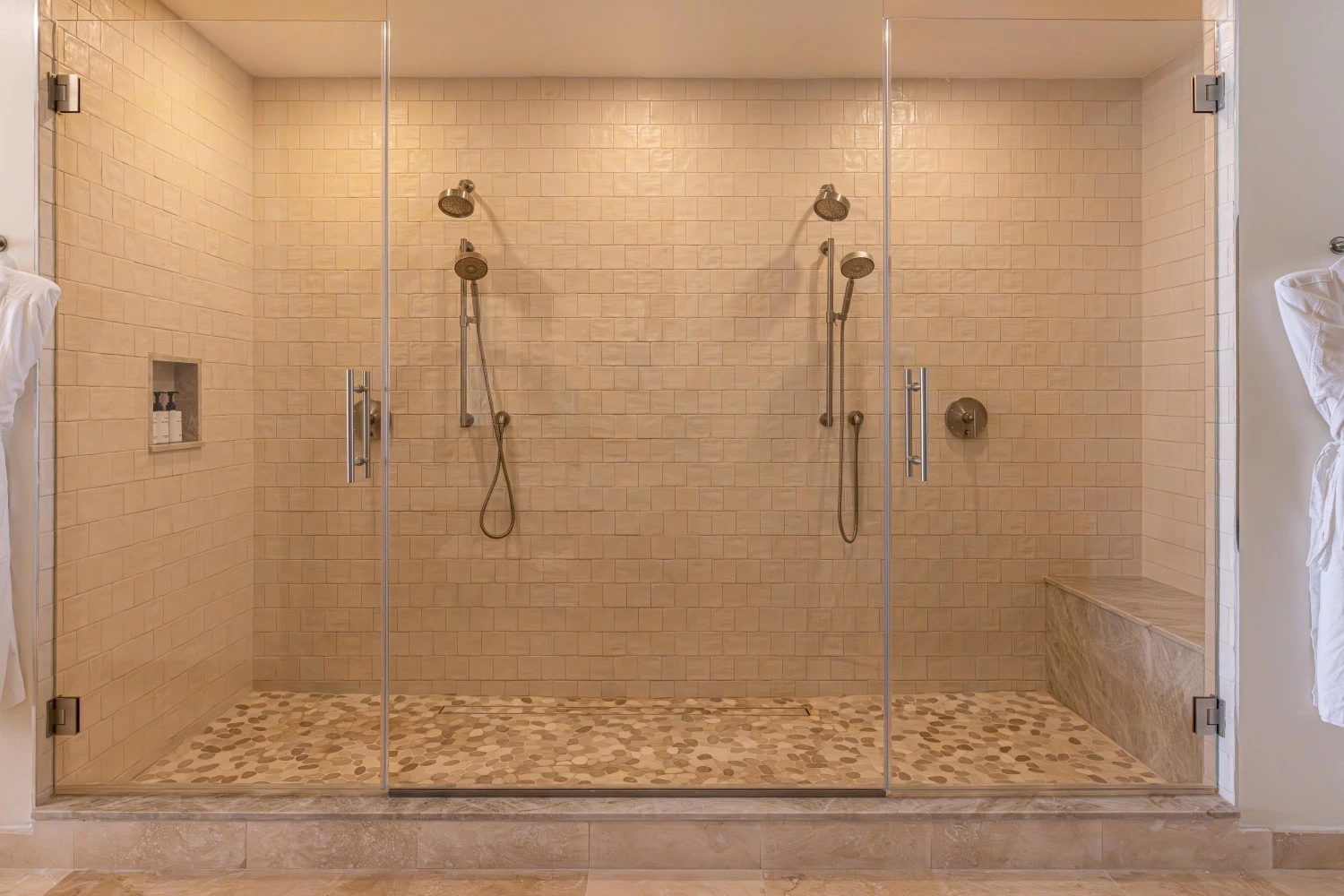 a shower with glass doors