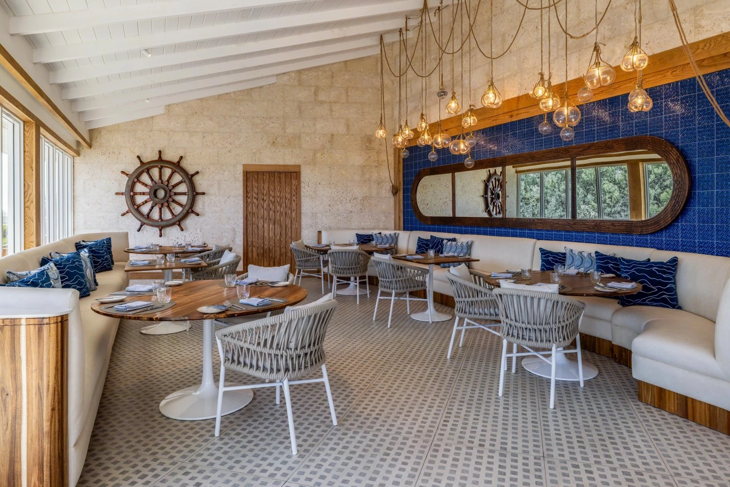a room with tables and chairs